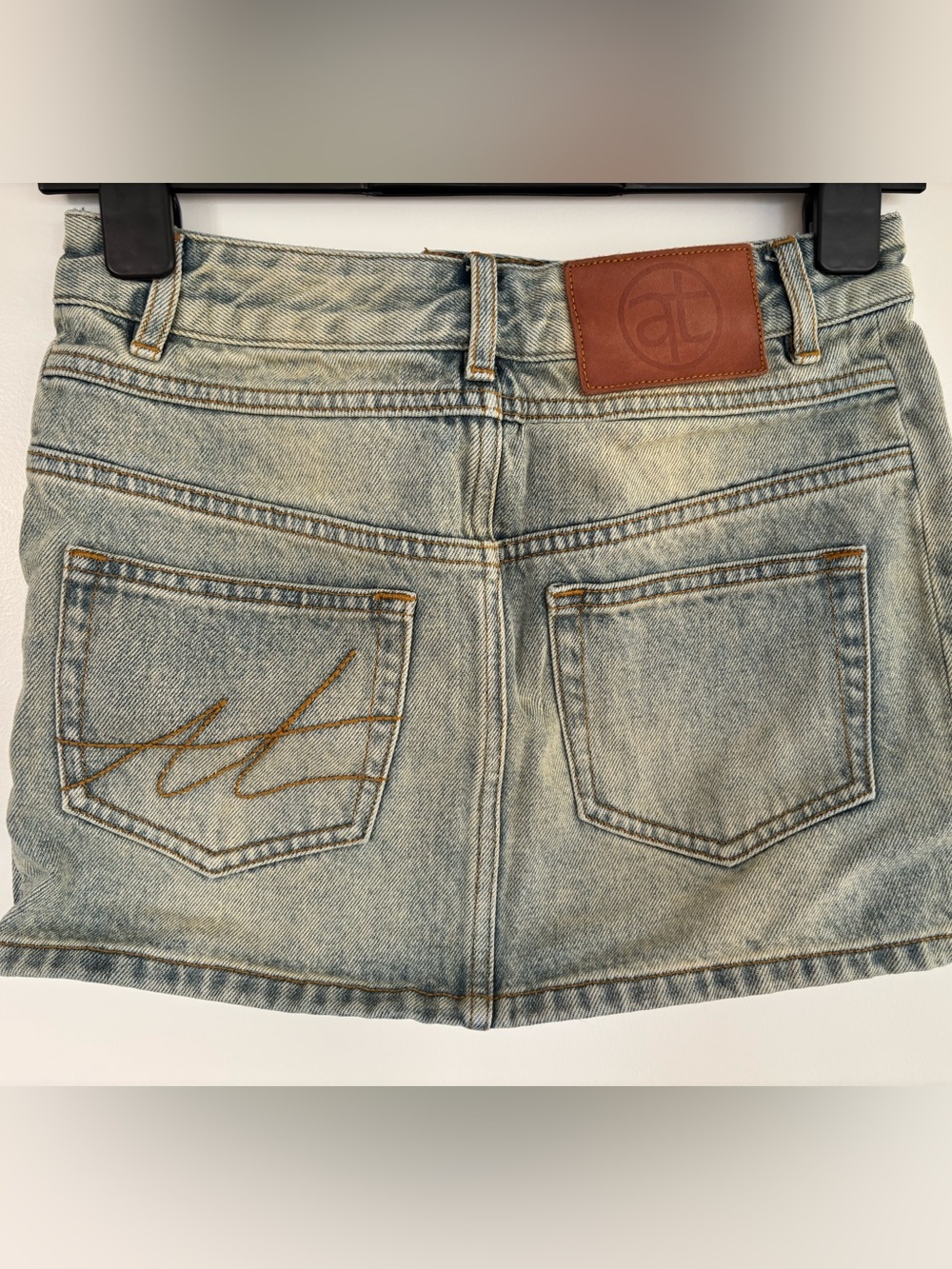 Alright Then 13” Waist Denim Light Wash Faded Mini Skirt, Blue/Cream, Size 0. - Picture 4 of 8